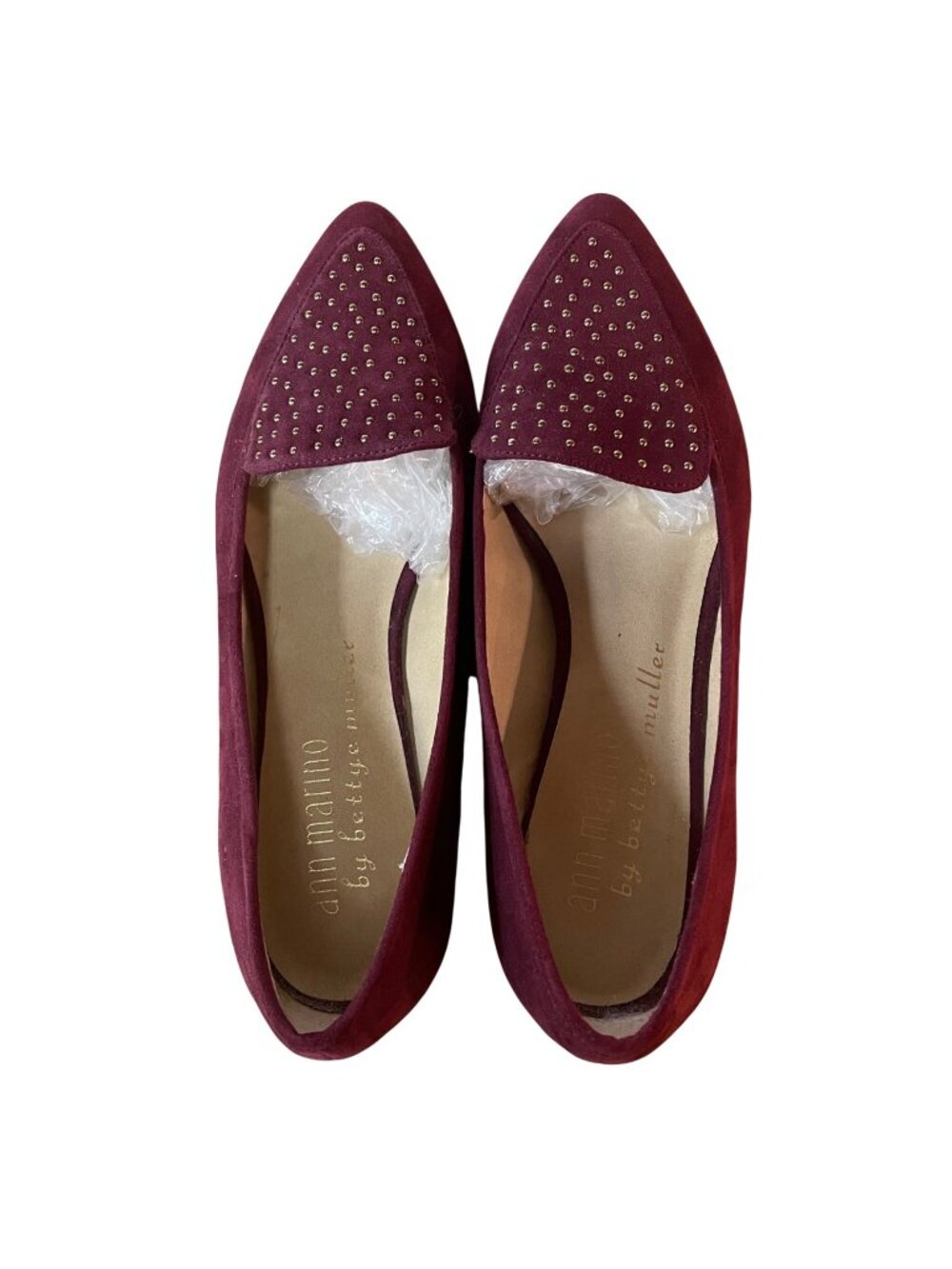 Ann Marino by Bettye Muller Beaded Stud Pointed Toe Flats Sz 6.5 Red Maroon
